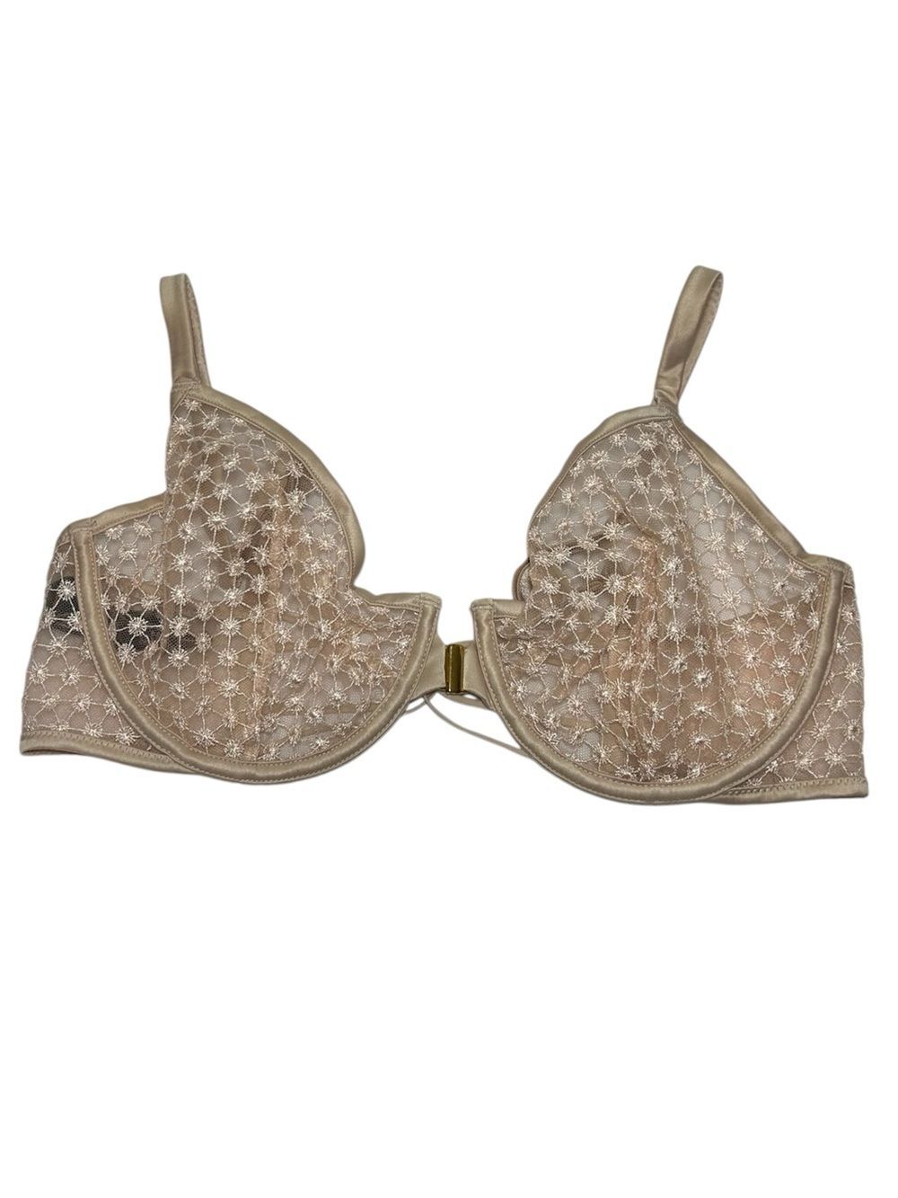 Victoria's Secret Tan Sheer lace polka dot Front-Close Underwire Bra 34DD